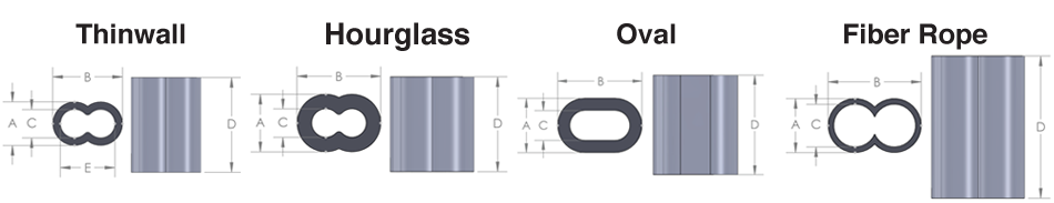 Aluminum Hourglass, Thinwall, Oval, and Fiber Rope Swage Sleeves Diagram